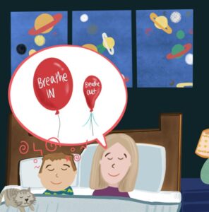 Mother and boy breathing using a balloon as a metaphor